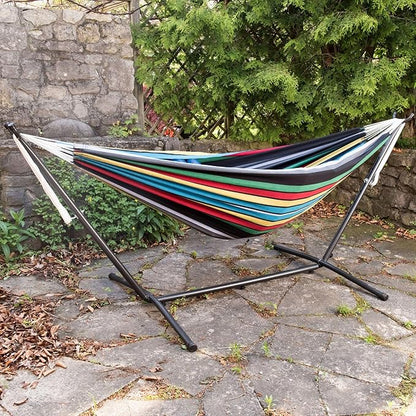Vivere Double Cotton Hammock with Space Saving Steel Stand, Upgraded Polyester End Strings 450 lb Capacity - Premium Carry Bag Included - (Rio Night)