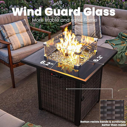 Outdoor Patio Furniture Set with 28'' Fire Pit Table, 8 Pcs Outdoor Patio Furniture Conversation Sets with 4in Thicken Cushion, Wicker Outdoor Sectional for Backyard, Garden, Balcony,Deck, Brown/Beige