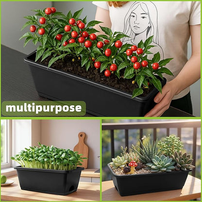 Window Box Planter, 12 Pack Plastic Vegetable Flower Planters Boxes 17 Inches Rectangular Flower Pots with Saucers for Indoor Outdoor Garden, Patio, Home Decor (Brick RED) (Dark Grey)