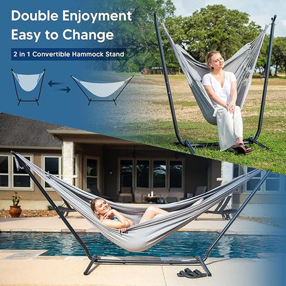 SUNCREAT 2-in-1 Convertible Extra Large Hammocks with Stand, Heavy Duty 2 Person Hammock for Outside with Stand, Patented, Light Gray
