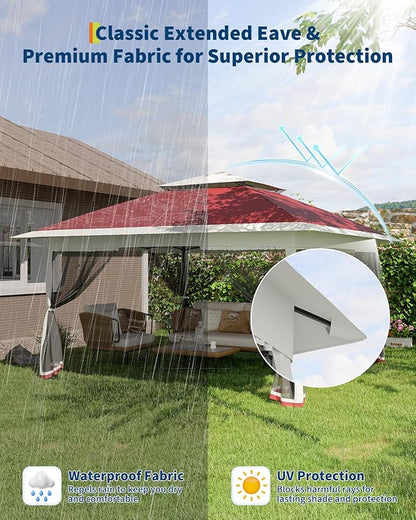 Canopy Tent 12x12 ft, Pop Up Gazebo One-Push Setup with 4 SandBags for Backyard Parties and BBQs, Mosquito Netting & Height Adjustable - Red
