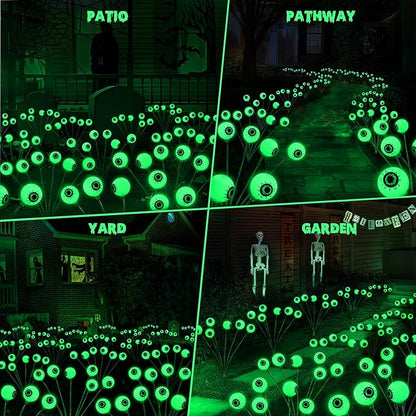 BrizLabs 4 Pack 24 LED Halloween Solar Lights, 2 Modes Outdoor Halloween Eyeball Pathway Lights, Solar Spooky Walkway Light Waterproof, Green Swaying Firefly Lighting for Path Yard Garden Lawn
