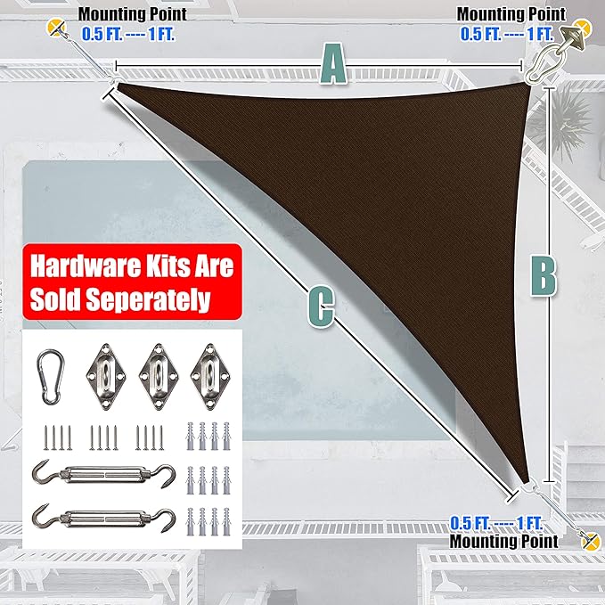Amgo 16' x 16' x 22.6' Brown Right Triangle Sun Shade Sail UPF50+ Canopy Awning AGSLT, 95% UV Blockage, Water & Air Permeable, 200GSM Heavy Duty Commercial and Residential (We Make Custom Sizes)