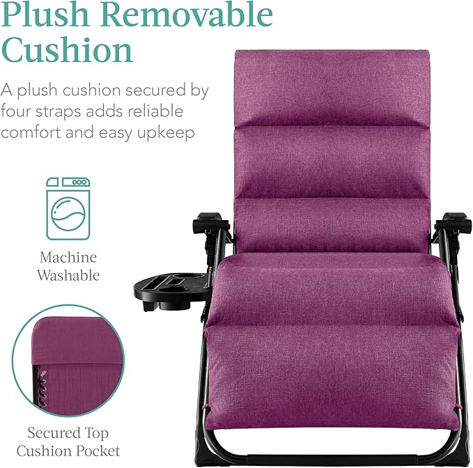 Recliner Chair, Extra-Wide Folding Zero Gravity Patio Lounger, Purple