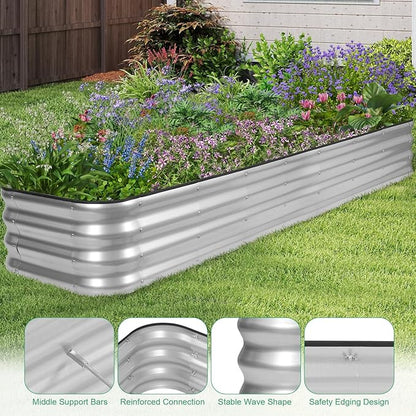 1MORE Raised Garden Bed -8X2X1 Galvanized Planter Box for Outdoor Gardening,5 in 1 Modular Raised Bed Kit with Protective Tape, Gloves for Herb,Ideal for Vegetables and Plants.Sliver-2pack