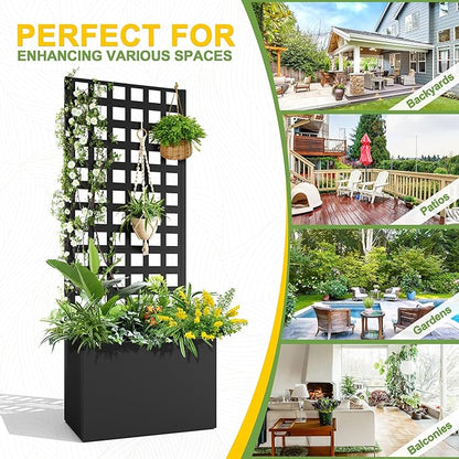 FENCY Metal Planter Box with Trellis, Planter Trellis for Climbing Plants Vegetable Vines, Trellis with Planter Box & Privacy Screen, Raised Garden Bed with Drainage Holes (23.6" L x 63" H/Lattice)