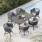 Grand patio 7-Piece Outdoor Dining Set for 6, Patio Dining Furniture Set for 6 Swivel Rope Wicker Chairs & 1 Bent Legs Rectangular Dining Faux Woodgrain Table with Umbrella Hole, Dark Gray