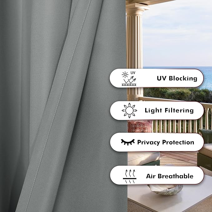 BONZER Waterproof Indoor/Outdoor Curtains for Patio Thick Privacy Extra Wide Grommet Curtains for Bedroom, Living Room, Porch, Pergola, Cabana, 1 Panel, 150W x 84L inch, Grey