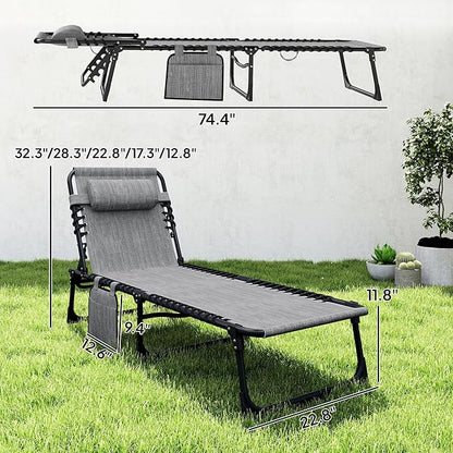 Outsunny Chaise Lounge Chair Outdoor, 5-Position Adjustable Sun Tanning Chair with Carrying Handle and Side Pocket, Folding Bed Cot with Removable Pillow for Garden, Beach, Patio, Pool, Camp, Gray