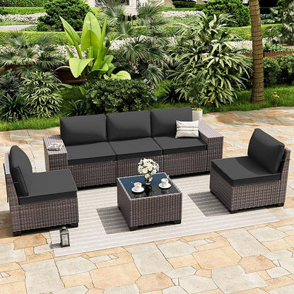 ALAULM 6 Pieces Patio Furniture Set, Oversized Seat/Armrest and High Back Wicker Sectional Furniture Set with Thick Cushion for Backyard, Garden, Black