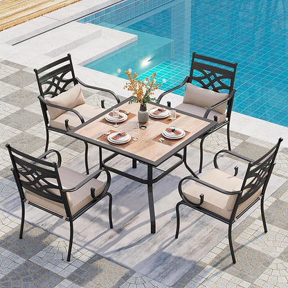 PHI VILLA 5 Pieces Outdoor Dining Set for 4, 37" Square Wood-top Metal Table & Wrought Iron Chairs, All Weather Large Outside Furniture with Cushions & Pillows for Patio, Deck, Porch