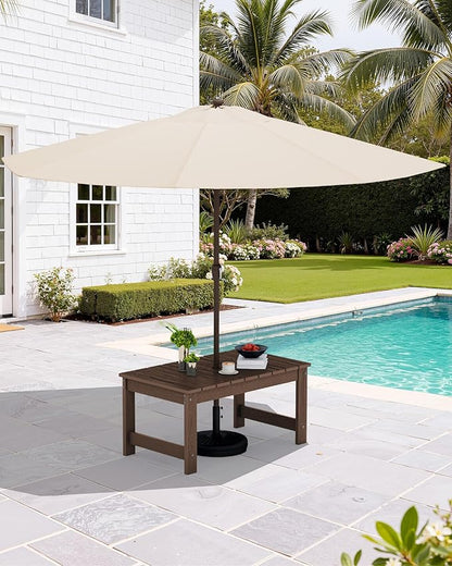 SERWALL Outdoor Coffee Table with 9FT Umbrella, HDPE Patio Coffee Table for Outside, Rectangle, Coffee(Not Include Umbrella Base)