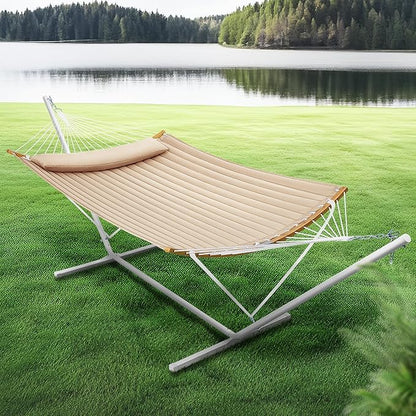 SUPERJARE Hammock with Stand, 2 Person Heavy Duty Hammock with Padded Cotton, Detachable Pillow & Strong Curved-Bar & Portable Carrying Bag, Perfect for Outdoor & Indoor, Beige
