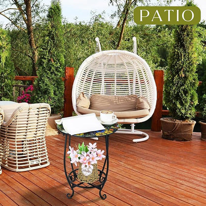 Outdoor Side Table Round Small Mosaic Patio Accent Indoor End Plant Coffee Tea Table for Yard Patio Porch Garden Living Room, Bedroom(Flower Style,14 Inch)