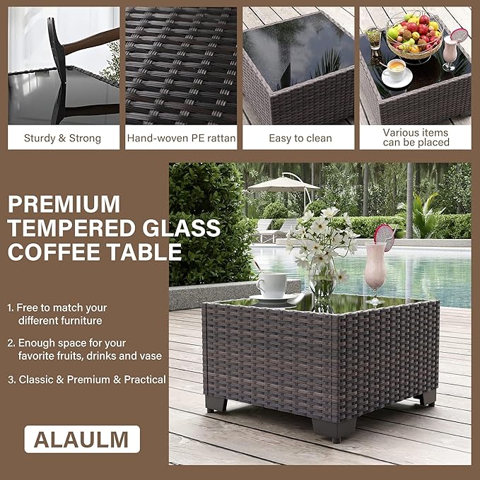 ALAULM 10 Pieces Patio Furniture Set with Propane Fire Pit Table Outdoor Sectional Sofa Sets Patio Furniture 43" Gas Fire Pit Brown PE Rattan Patio Conversation Set w/8 Seat Cushions-Red