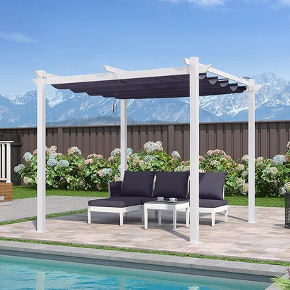 PURPLE LEAF 10' x 10' Outdoor Aluminum Pergola White Heavy-Duty Retractable Patio Metal Pergola with Double Sun Shade Canopy for Backyard Gardens Deck, Navy Blue