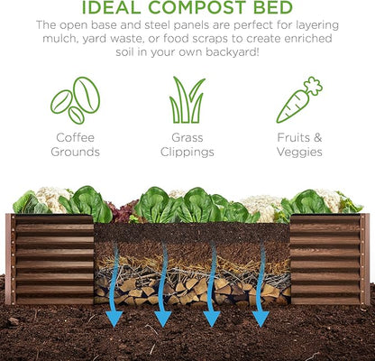 Best Choice Products 8x4x2ft Outdoor Metal Raised Garden Bed, Deep Root Planter Box for Vegetables, Herbs & Flowers, 478-Gallon Capacity, 100% Non Toxic Materials - Dark Brown Wood Grain