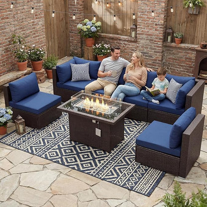 NICESOUL 7 Piece Large Size Patio Sectional Furniture Set with Firepit Propane/Natural Gas, 29.3'' High Back Outdoor Sofa Conversation Couch, Tall Wide Deep Sitting, Brown Rattan and Navy Cushion