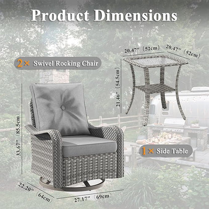 2-Seat Modern Patio Furniture Set with Swivel Rocking Chairs, Thick 4″ Cushions, Dual-Strand Wicker Rattan, Rust-Resistant Steel Frame – Outdoor Conversation & Modular Sectional,Gray