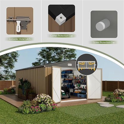 Devoko 10x14 FT Outdoor Storage Shed, Large Metal Storage Sheds with Lockable Door, Utility Garden Tool Shed with Sloping Roof, Outside Steel Storage Sheds for Patio Lawn Backyard, Brown