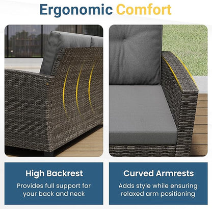 Wisteria Lane 4 Piece Patio Furniture Set, Wicker Outdoor Patio Conversation Furniture Set, All Weather Outdoor Patio Sofa with Cushion and Wood Table, Grey Wood