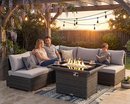 Nicesoul 6 Piece L Shaped Outdoor Patio Set with Firepit Table Natural Gas & Propane Convertible, 29.3'' High-Back Rattan Sectional Sofa, All Weather Deep Seats XL Large Conversation for Outside, Grey