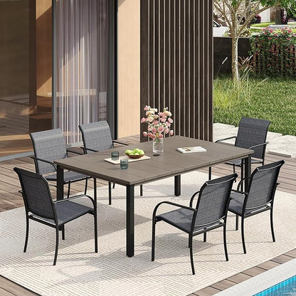 VICLLAX Patio Dining Set for 6, Outdoor Furniture Set Includes 63" Rectangle Patio Table and 6 Patio Sling Chairs, Outdoor Table and Chairs for Outsides, Grey Wood-Like Tabletop and Dark Grey Fabric