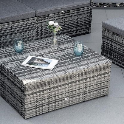Outsunny 4-Piece Outdoor Rattan Furniture Set, Round Convertible Patio Daybed or Sunbed, Sectional Sofa with Canopy, Pillows, Cushions, Footrest, Table, PE Plastic Wicker, Gray
