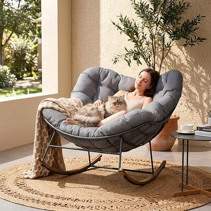 Grand patio Outdoor Rocking Chair, Oversized Papasan Rocking Chair with Thick Cushion, Indoor Outdoor Cozy Rocker for Balcony, Living Room, Patio, Gray