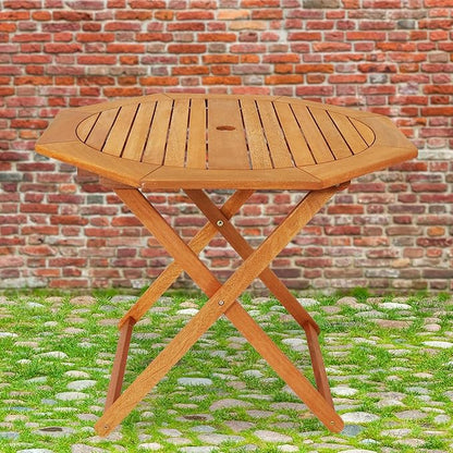 Sunnydaze Folding Meranti Wood Outdoor Dining Table with Umbrella Hole - Foldable Teak Patio Table - Teak Oil Finish - Octagon