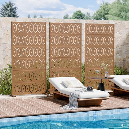 Casaphoria Metal Privacy Screen Outdoor, 72" H x 35" W Freestanding Decorative Privacy Screen for Patio Deck Balcony Garden with Stable Base, Brown-Star