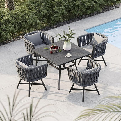 Grand patio 5-Piece Outdoor Dining Set for 4, Patio Dining Furniture Set for 4 Swivel Rope Wicker Chairs & 1 Square Dining Faux Woodgrain Table with Umbrella Hole, Dark Gray