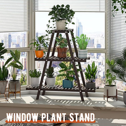 GHWIE Plant Stand Indoor Plant Shelf Outdoor bamboo Plant Rack, 3 Tiers Ladder Plant Holder Flower Stand for Living Room Balcony Garden Patio,Living Room Boho Home Decor for Gardening Gifts (Brown)