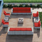 15-Piece Outdoor Patio Furniture Set with Rocking Swivel Chair Wicker Sectional Sofa Set, Patio Conversation Set with Thickened Cushions & Coffee Table for Garden, Backyard, Poolside, Red