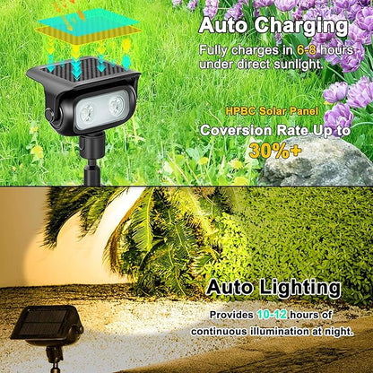 Solar Landscape Spotlights Outdoor Waterproof IP67, Warm White LED Spot Lights for Tree Flag Garden, Adjustable Solar Uplights Auto On Off with 2 Brightness Mode