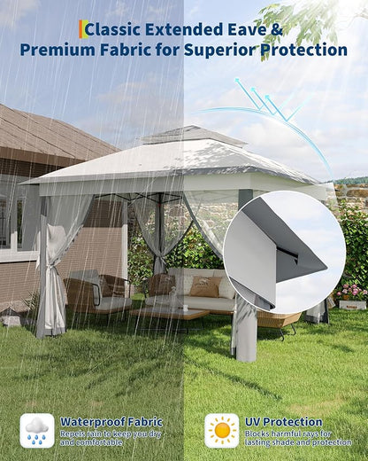 11'x11 Pop-Up Gazebo, Instant Outdoor Canopy Tent with Mosquito Nettings, Durable Steel Frame, Water, and UV Proof, for Patio, Garden, Courtyard, Party (Grey)
