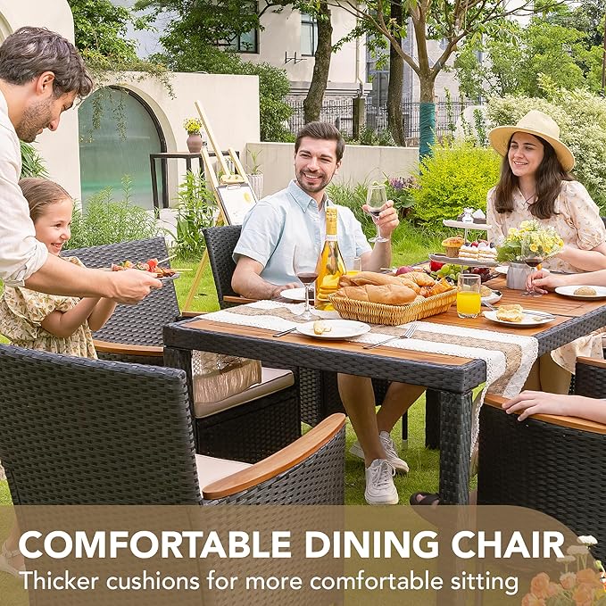 Devoko Dining 7 PCS Furniture, Patio Conversation Set with Acacia Wood Table Top, Outdoor, Beige Cushion and Black Rattan