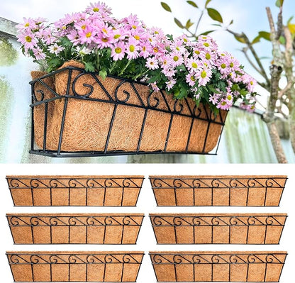 LaLaGreen Wall Mounted Planters - 30 Inch, 6 Pack Black Window Flower Boxes Basket Outdoor, Balcony Planter Over The Rail, Deck Railing Hanging with Coco Liners, Metal Horse Troughs Fence Patio Porch