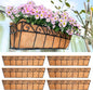 LaLaGreen Wall Mounted Planters - 30 Inch, 6 Pack Black Window Flower Boxes Basket Outdoor, Balcony Planter Over The Rail, Deck Railing Hanging with Coco Liners, Metal Horse Troughs Fence Patio Porch