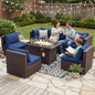 NICESOUL 7 Piece Large Size Patio Sectional Furniture Set with Firepit Propane/Natural Gas, 29.3'' High Back Outdoor Sofa Conversation Couch, Tall Wide Deep Sitting, Brown Rattan and Navy Cushion
