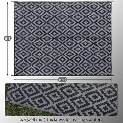 SAND MINE Waterproof Outdoor Rug 8x10 ft, Plastic Reversible Rug, Modern Area Rug, Large Floor Mat for Outdoors, RV, Patio, Backyard, Deck, Picnic, Beach, Camping (8' x 10', Black Grey Lattice)