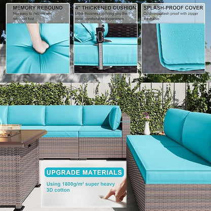 Kullavik 10 Pieces Outdoor Patio Furniture Set with 43" 55000BTU Gas Propane Fire Pit Table PE Wicker Rattan Sectional Sofa Patio Conversation Sets,Blue