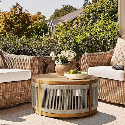LuxenHome Outdoor Coffee Table, 31'' Acacia Wood Rope Drum Round Sides Patio Tables, Modern Farmhouse Garden Coffee Table, Outdoor Furniture for Porch, Balcony, Outside Furniture