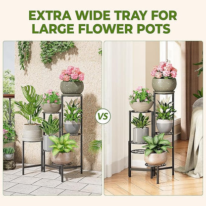 6 Tier Large Plant Stand Indoor with 7.9-Inch Wide Drainage Tray, Tiered Corner Metal Outdoor Flower Display Holder Shelf, Folding Tall Rack for House Patio Porch Balcony Graden - BlackS