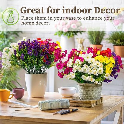 20PCS Artificial Fake Flowers for Outdoors/Indoors, Faux Silk Colorful Morning Glory with Eucalyptus, UV Resistant Realistic Floral Arrangement for Garden Porch Window Box Home Balcony Yard (5 Colors)