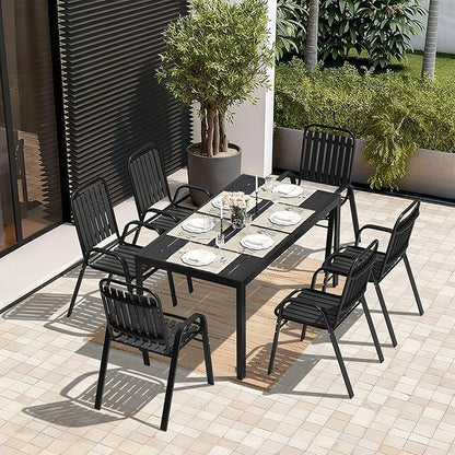 Pamapic Outdoor Dining Sets for 6, Rectangular Steel Slat Table with 6 Plastic Chairs, 7 Piece Patio Table and Chairs Set with Adjustable Umbrella Hole for Garden, Backyard, Poolside (Black)