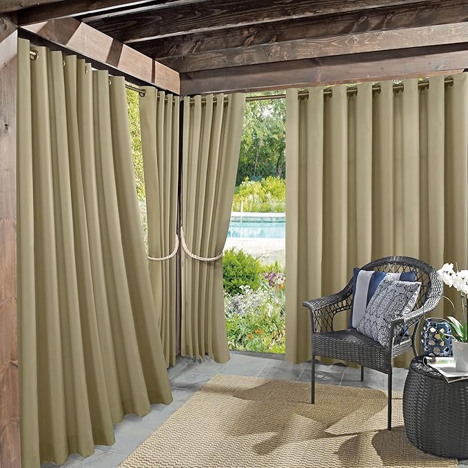 Sun Zero Marina Indoor/Outdoor UV Protectant Energy Efficient Grommet Curtain Panel, 54" x 84", Khaki