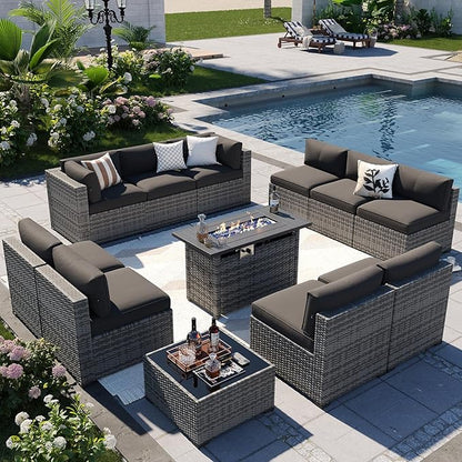 Aoxun Patio Furniture Sets, 12-Piece Outdoor Patio Furniture with 44'' Propane Gas Firepit Table, Wicker Outdoor Conversation Set Sectional Sofa for Backyard, Poolside, Garden
