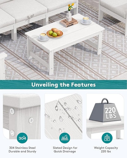 SERWALL HDPE Patio Coffee Table, Rectangle Outdoor Coffee Table, All-Weather Coffee Side Table for Balcony, Poolside, Deck, Garden, White