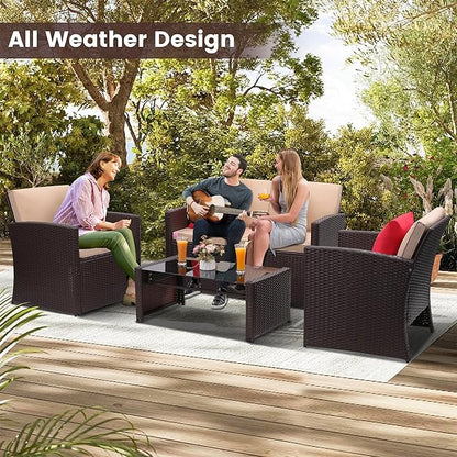 4-Piece Patio Furniture Set, Wicker Outdoor Rattan Sectional Sofa with Cushions and Glass Table, All-Weather Outdoor Conversation Set, Ideal for Garden, Porch, Backyard, Beige